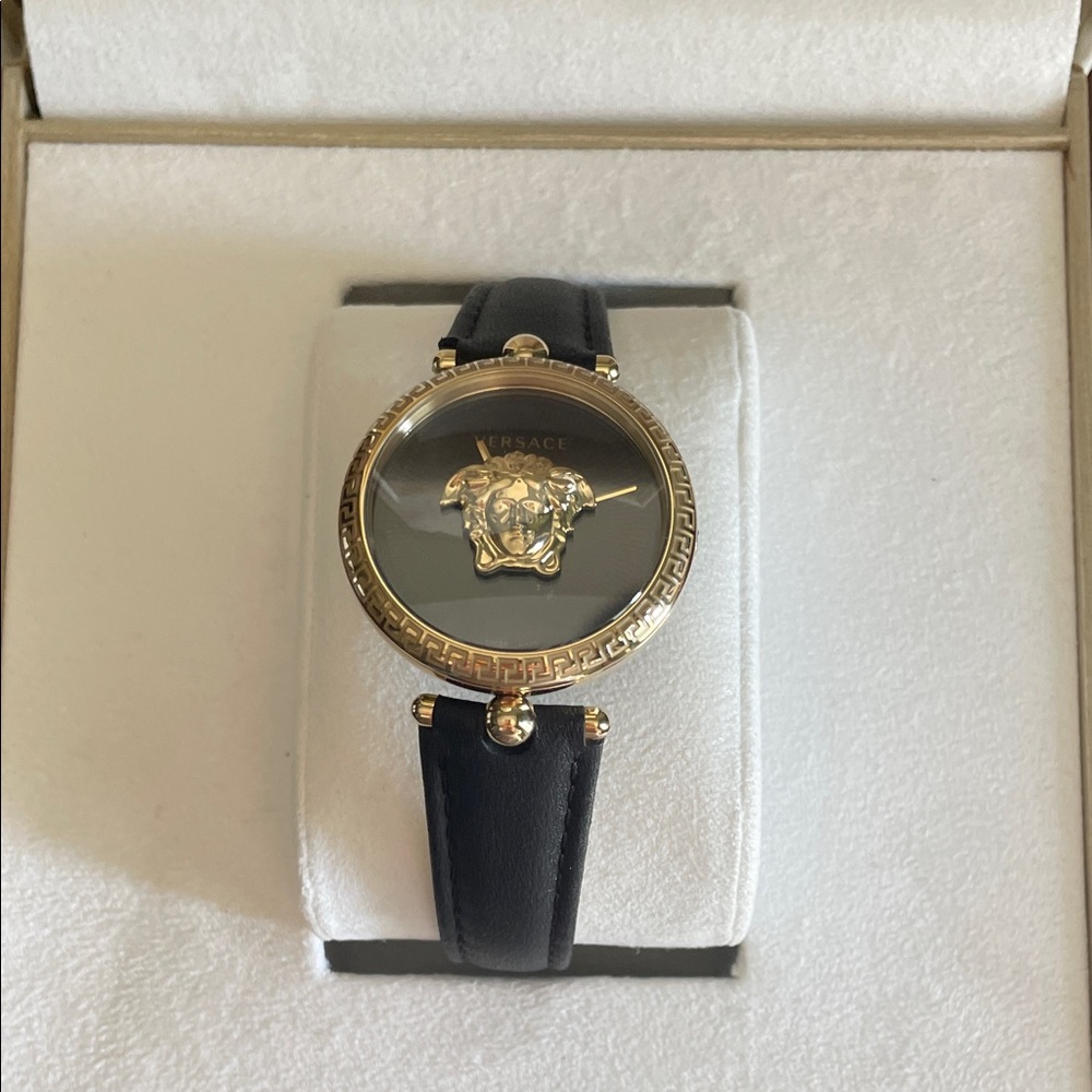 Versace Gold and Black Medusa Palazzo Leather Watch